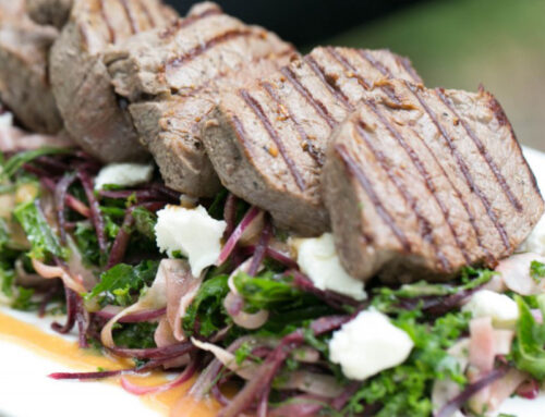 BBQ Eye Fillet with Kale, Purple Carrot and Fennel Slaw and Persian Fetta