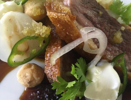 Bendele Farm Duck Breast, Lychees, Galangal, Finger Lime, Coconut Yoghurt and Macadamias